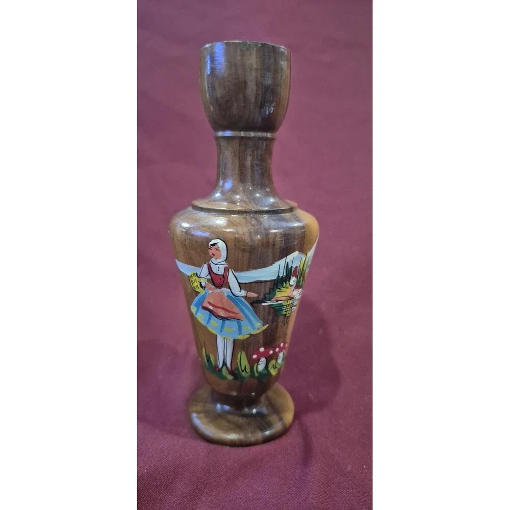1919 Antique Olive Wooden Bud Vase Kepkypa  Hand Painted 5.5 Inch Woman Mushroom